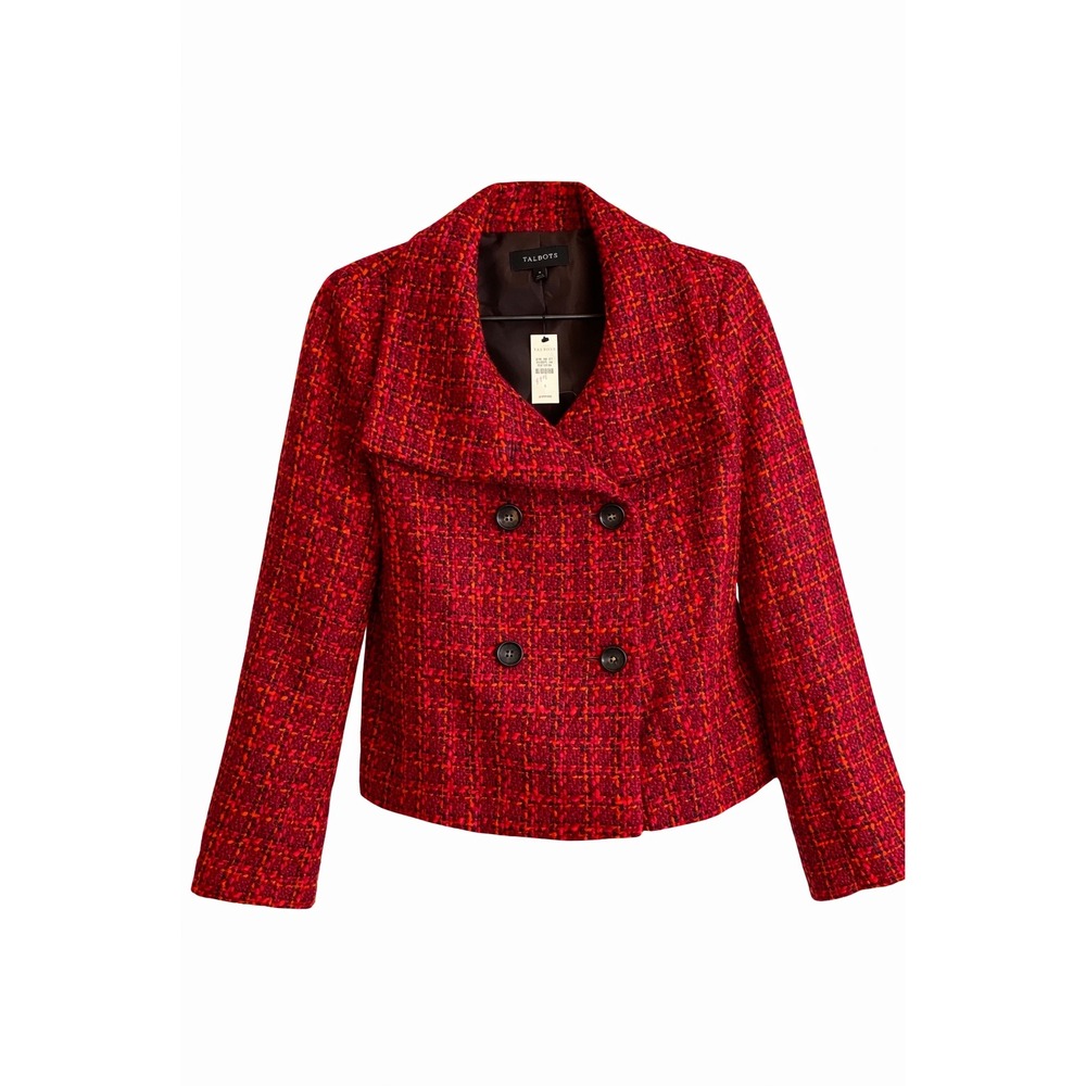 Talbots Tweed Double-Breasted Jacket – Size 6 – Red & Orange Plaid – MSRP $189